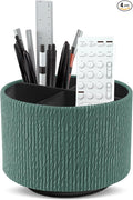 Round Leather Art Supply Organizer,Remote Control Holder,360 Degree Spinning,Multi-Functional Pencil Holder,4 Compartments Desktop Stationary Organizer(1-Wood Green)