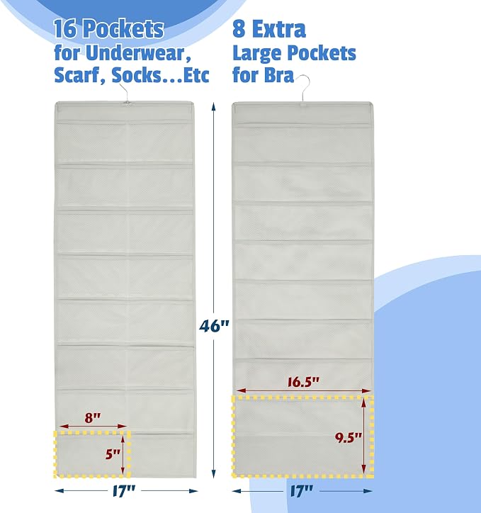 Simple Houseware Double-Sided Hanging Closet Organizer, 24-Pocket Bra & Underwear Storage with Rotating Hanger, Mesh Fabric, Gray, 1 Pack