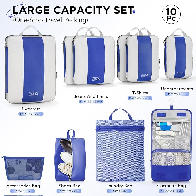 OlarHike 10 Set Compression Packing Cubes for Travel Essentials,Compressible Expandable Space Saver Bags for Organizing Clothes,Luggage Suitcase Garment Bags with Over 1000 pcs Mesh Holes(Klein Blue)