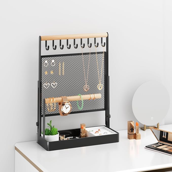 Jewelry Organizer Stand with Velvet Ring Holder, Liftable Necklace Holder with Earring Organizer Net, 9 Hooks Necklaces Storage Wooden Handing Bar for Bracelets Watches Rings (Black)