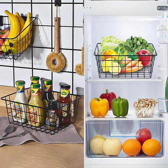 Wire Baskets for Organizing 4 Pack Pantry Baskets For Storage 11x8.7x4.7in | Wire Baskets for Kitchen Refrigerator Freezer Cabinet Shelf Garage,Metal Bin with Side Handles for Easy Pull (Black)