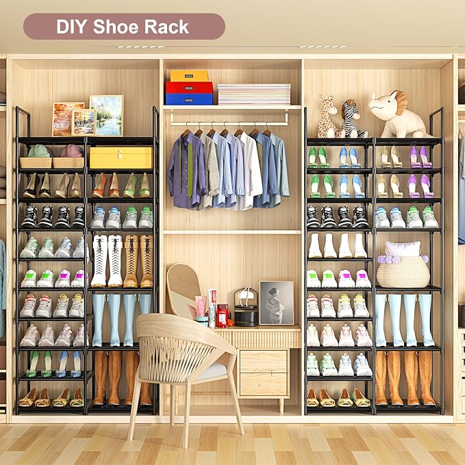 Kottwca 4 Row 10 Tier Large Shoe Rack Organizer for Closet Entryway, 72-80 Pair Shoe Boot Storage Rack, Metal Shoe Shelf Big Vertical Stackable Shoe Stand for Bedroom Corner