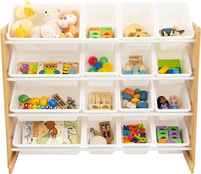 Humble Crew Toy Storage Organizer with 16 Removable Storage Bins for Kids Playroom, 4-Tier Toddler Toy Organization and Storage, Natural Wood/White