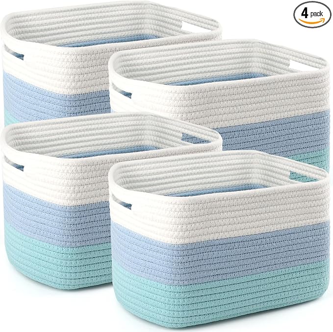 4 Pack Storage Baskets for Organizing, 11''Lx9''Wx8''H Woven Baskets for Storage Toys, Towels, Books, and Clothes, Cotton Rope Basket for Shelves with Handle White & Brown