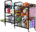 Sports Equipment Garage Organizer,Garage Ball Storage Rack for Sports with Wheels-Upgraded 3 Layers Organizer Rack Outdoor Basketball Racks for Balls with Holder and Hooks (Deep Black)
