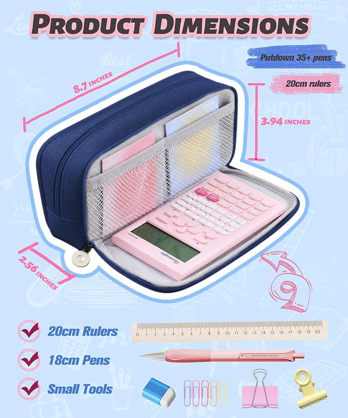 FAHZON Cute Pencil Case, 3 Large Compartments Pencil Pouch, Elastic Pen Slots&Mesh Pockets for Stationery, Pencil Bag for School Supplies with Zipper for Girls Boy Women Teens Adults-NavyBlue