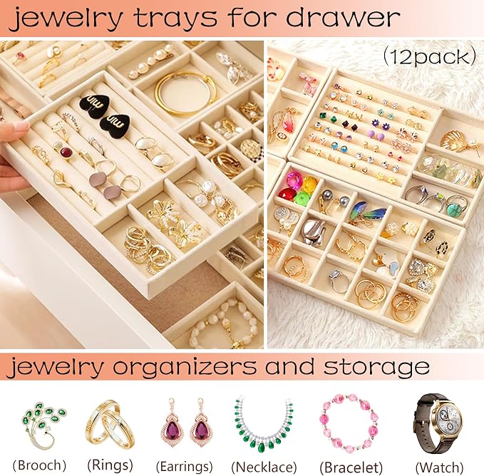 12PCS Stackable Jewelry Drawer Organizer Inserts Jewellry Trays Velvet Earring Jewelryy Dispaly Case for Earring Holder Necklace Bracelet Ring Watch