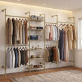 F4 Wall Mounted Closet System, Industrial Pipe Clothing Rack for Hanging Clothes, Heavy Duty Closet Organizer System, Clothes Racks with Shelves & Expandable Rod for Wardrobe, Corner, Gold