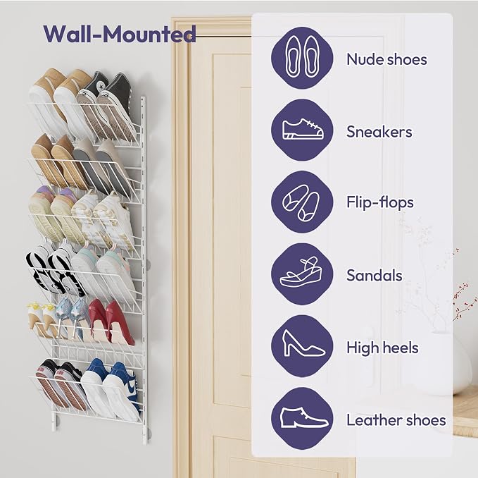 SWTYMIKI Over the Door Shoe Organizer - Adjustable 6 Tier Hanging Shoe Rack Organizer, Metal Heavy Duty Behind Door Storage or Wall Mount Shoes Shelf for Flats, Heels, Sneakers, Boots