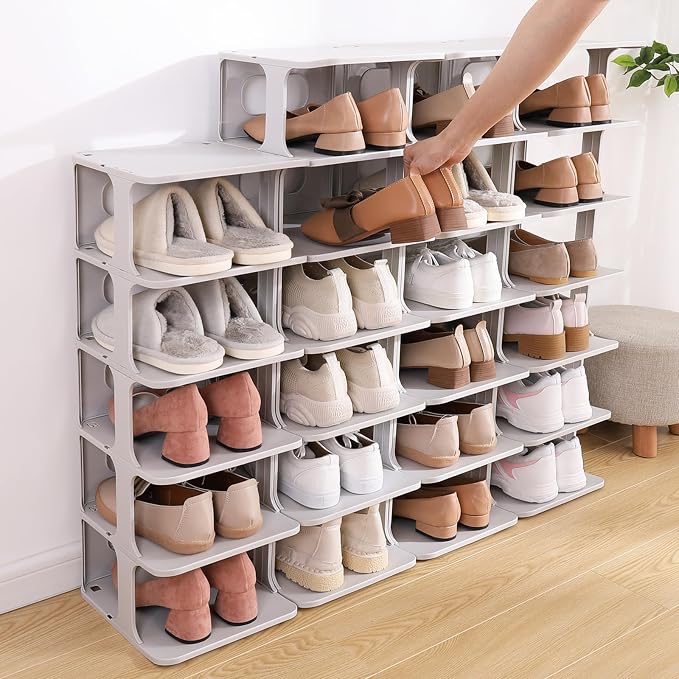 HAIXIN Small Shoe Rack for Closet Grey 5-Tier Shoe Organizer | Compact Size for Tight Spaces, Entryways, Under Bed, Stackable & Expandable, for Smaller Shoes, Easy Assembly, Sturdy Plastic