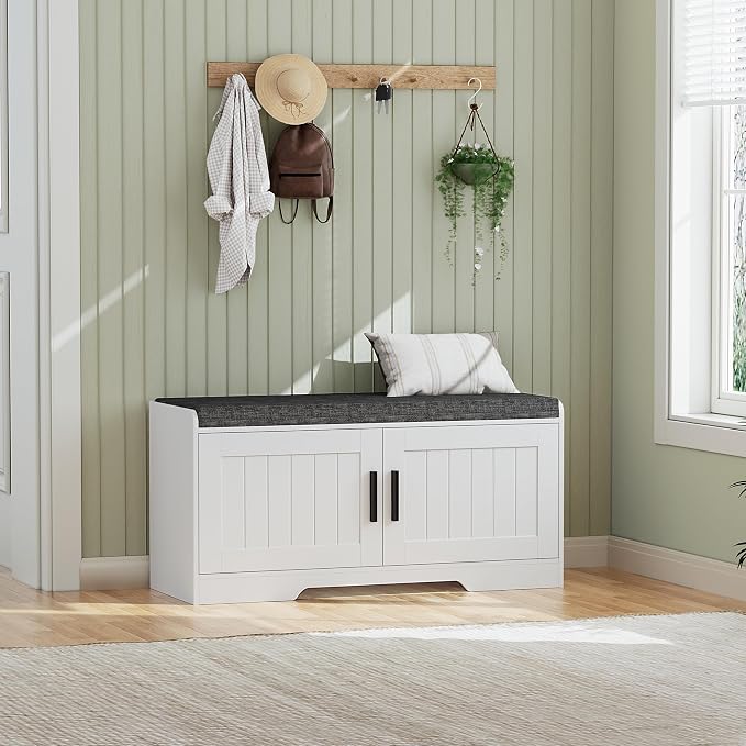 Homleke 2-Tier Storage Bench, Shoe Bench with Thickened Padded Seat Cushion, Entryway Bench with 2 Doors, Adjustable Shelf, 13.8" D x 37.4" W x 18.5" H, for Entryway, Living Room, Bedroom, White