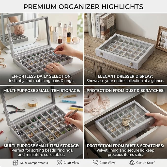 Stratalife 24 Grid Jewelry Holder Organizer: Earring Organizer Box with Clear Glass Lid, Velvet Jewelry Storage for Studs, Earrings, Rings, Necklace with Removable Dividers for Dresser, Grey