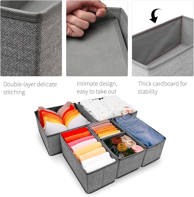 Criusia Foldable Underwear Drawer Organizer, Closet Dividers, Storage Box for Clothes, Socks (6 Bins, Gray)