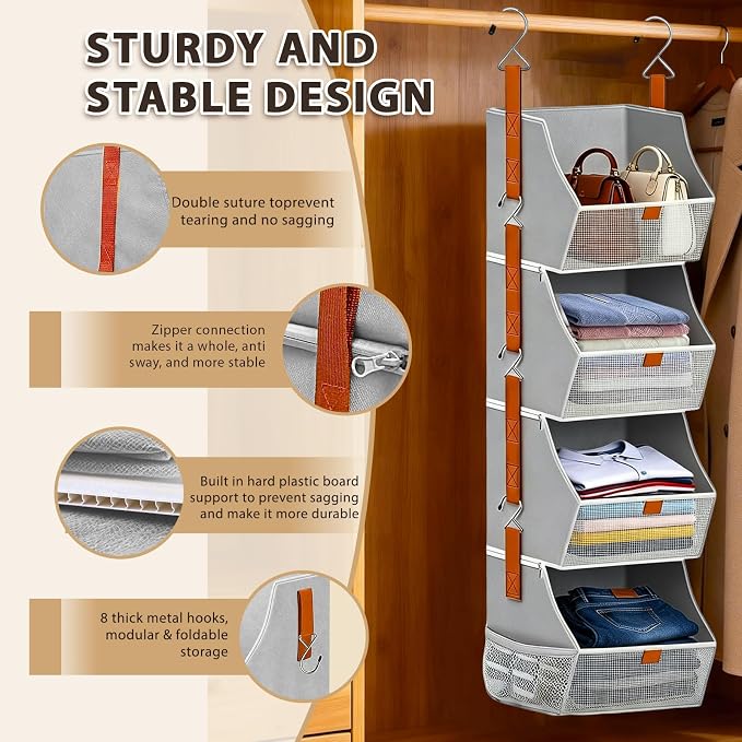 Fabric 4 Tier Hanging Closet Organizers Heavy Duty Shelf Hanging Storage Towel Clothes Sweater Jeans Bag Organizer For Closet For Bedroom,Dorm,RV,See Through Front Panel, Space-Saving (Grey-4Tier)