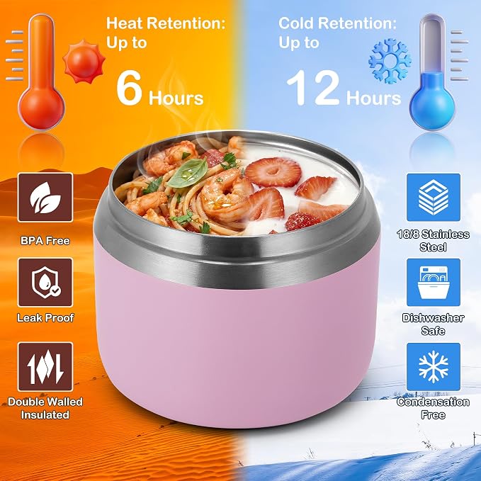 MAXSO 14oz Vacuum Insulated Food Jar with Spoon Buckle Lid, Kids Soup Thermo for Hot Food Wide Mouth Leakproof Stainless Steel Lunch Container - Pink
