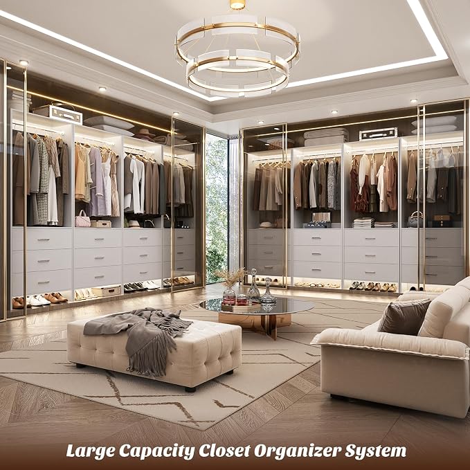 Aheaplus Closet System Closet Organizer, Wood Closets Organizer System, Walk-in Closet or Wardrobe, Clothes Rack with Hanging Rods, 8FT Closets, Set of 4, White