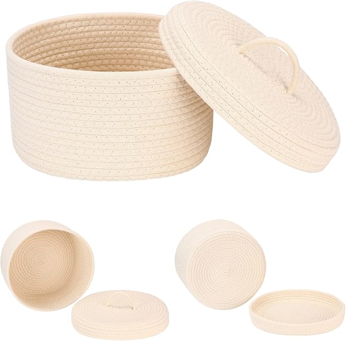 Sea Team Round Cotton Rope Storage Basket with Lid, Lidded Woven Storage Bin, Nursery Storage Container, Diaper Caddy, Baby Shower Basket, Box, Organizer, 11.8 x 11.8 x 6.7 Inches (Medium, Cream)
