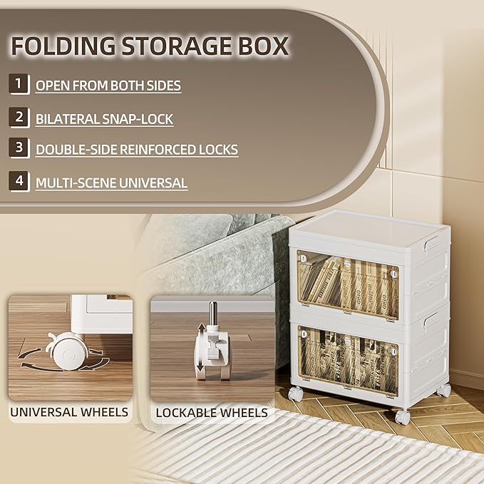 64 QT / 16 Gal Foldable Storage Cabinet with Clear Doors - 3-Point Locking System per Panel, Heavy Duty Casters, Collapsible Design for Warehouse/Office/Home Organization
