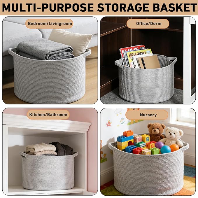 115L Extra Large Blanket Basket,Woven Rope Laundry Basket Hamper with Handles, Decorative Nursery Basket Storage Bin for Toys, Clothes Organizer, Living Room, Bedroom, Bathroom, Light Grey
