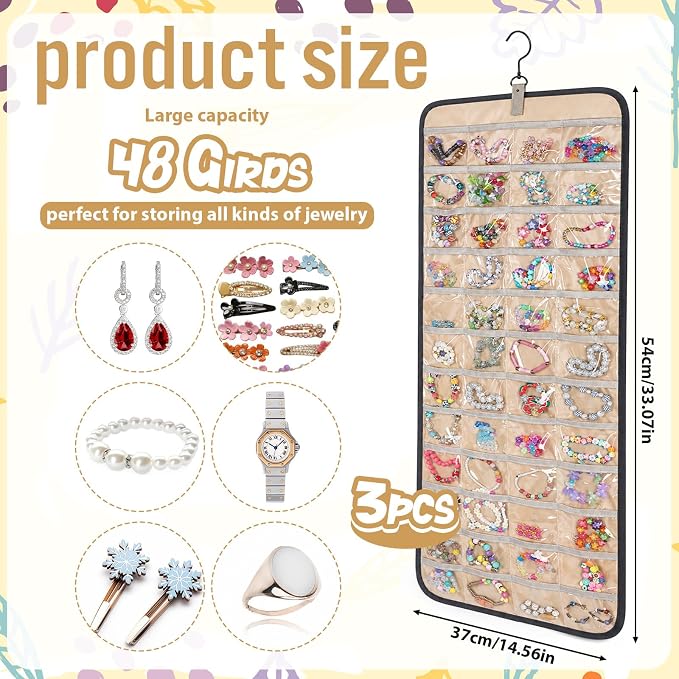 3 Pack Hanging Jewelry Organizer Storage with 48 Pockets and Hooks Dual-Sided Hanging Jewelry Organizers and Storage Hang on Closet, Wall, Door for Earrings, Necklaces, Rings,Blcak