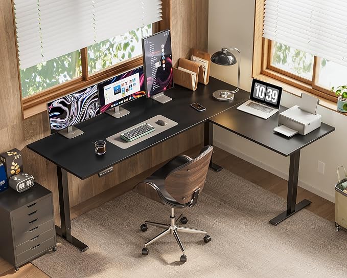 OffiGo 63 Inch Reversible L Shaped Electric Standing Desk, Black | Large Corner Height Adjustable Stand Up Desk, 3 Memory Presets, Sit Stand Table, Reinforced Frame for Home Office Workstation