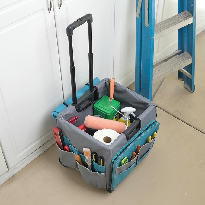 Folding Mobile Utility Cart, Canvas Organizer Bag, Turquoise/Grey | Durable plastic, 30 compartments, adjustable handle, 40 lb capacity, collapses to 3" thick, rolling wheels for easy transport