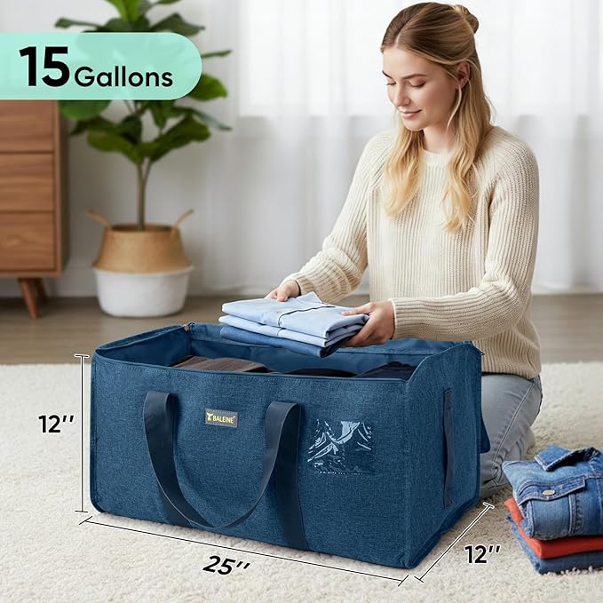 BALEINE Extra Large Storage Tote with Zippers & Carrying Handles, Heavy-Duty Oxford Fabric Moving Bags for Laundry, Space Saving, Storage, 2-Pack, Denim Blue
