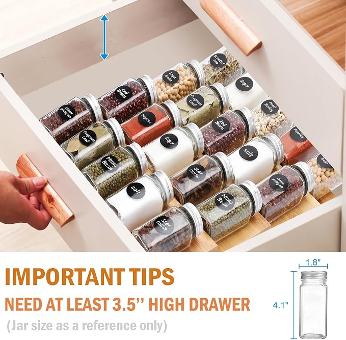 Bamboo Spice Drawer Organizer, 4 Tier In Drawer Spices Rack for Cabinet Drawer Expandable From 13" to 26", Stackable Seasoning Storage Organizer Insert