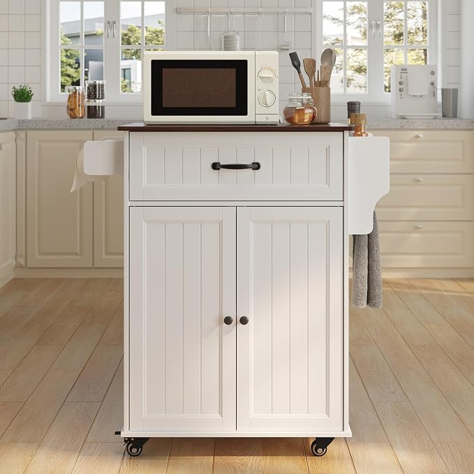Gizoon 33" W White Kitchen Island Cart with Adjustable Shelf, | Metal Wheels, Drawer & Storage Cabinet, Spice Rack & Towel Rack, for Dining Room, Bar, Retro Wooden Countertop