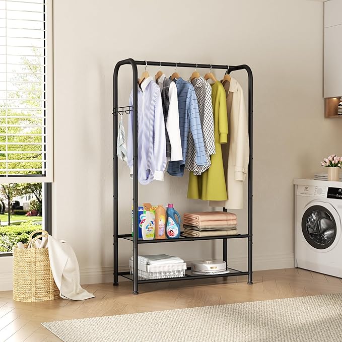 SINGAYE Wardrobe Standing Closet Clothing Rack With Shelf Hanging Clothes | Wardrobe Open Compact Small Metal Garment Hanger Stand Alone Free Standing Black Closet Rack Storage Organizer Heavy Duty