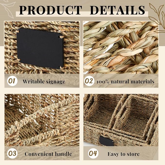 Wonderjune 4 Pcs Natural Seagrass Storage Baskets Set Stackable Handwoven Wicker Storage Bins with Chalkboard Label Built-in Handles Woven Container Basket Kitchen Baskets for Shelves