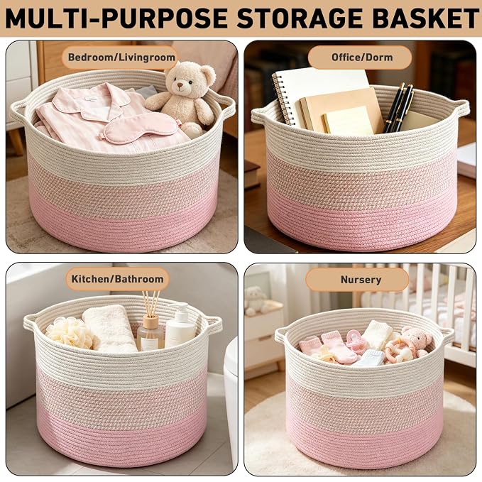 90L Extra Large Blanket Basket,Woven Rope Laundry Basket Hamper with Handles, Decorative Nursery Basket Storage Bin for Toys, Clothes Organizer, Living Room, Bedroom, Bathroom, Pink