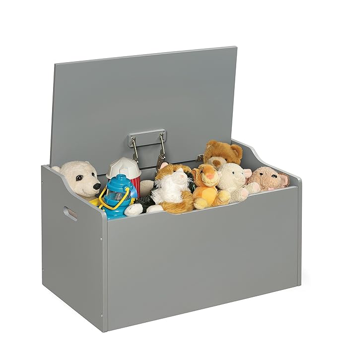 Badger Basket Bench-Top Wooden Toy Box in Gray – Safe Storage Chest with Dual Safety Hinges, Side Handles, and Front Slot