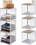 AceOrbit 3 Pcs Widened Stackable Closet Organizers and Storage with Wood Foldable Top Metal Cube Closet Shelf DIY Space Saving Linen Clothes Shoe Bed Sheet Bin for Wardrobe Bedroom(12"x12"x12", Light)