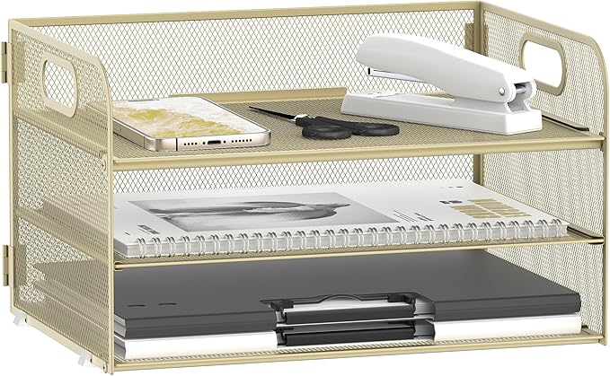DALTACK 3 Tier Paper Organizer with Handle, Mesh Metal Desk Organizer with Sliding Paper Trays for Letter/A4 Paper, Mail, Bills & Folders, Yellow