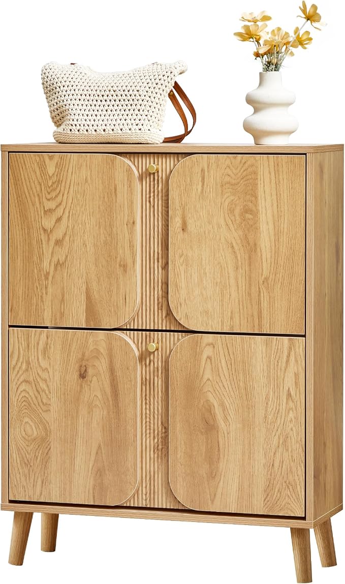 BERRYMERRY Shoe Cabinet with 2 Flip Drawers,Wood Hidden Shoes Storage Cabinet with Fluted Recessed Design, Freestanding Shoe Organizer Cabinet for Entryway, Hallway, Living Room