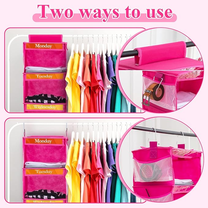 Amylove 2 Pack 6 Shelf Weekly Clothes Organizer for Kids with Side Pocket, 47 Inch Days of the Week Clothes Organizer, Monday to Friday Daily School Outfits Clothing Divider for Kids(Rose Red)