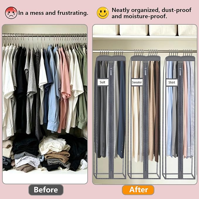 Clear Garment Bags for Hanging Clothes 10" Side Gusset, Suit Bags for Closet Storage, Suit Cover for Shirts Coats Dresses (24"X52"X10" 3Pack)