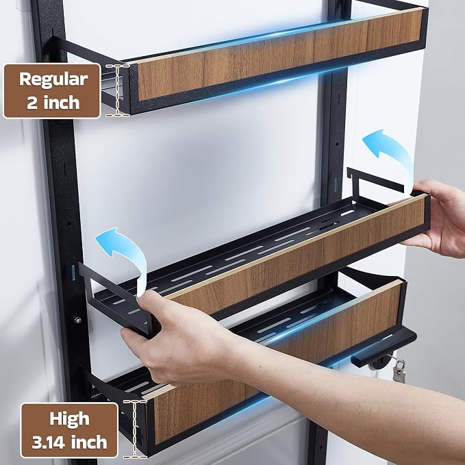 Fulifix Over The Door Pantry Organizer with Solid Wooden Baskets, 6-Tier Pantry Door Organizer Wall Mount, Metal Hanging Spice Rack Organization and Storage for Home, Kitchen, Cabinet