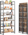 4NM No Assembly Folding Bookshelf, 6-Shelf 74" H Collapsible Foldable Bookcase Storage for Small Spaces, Rustic Brown and Black