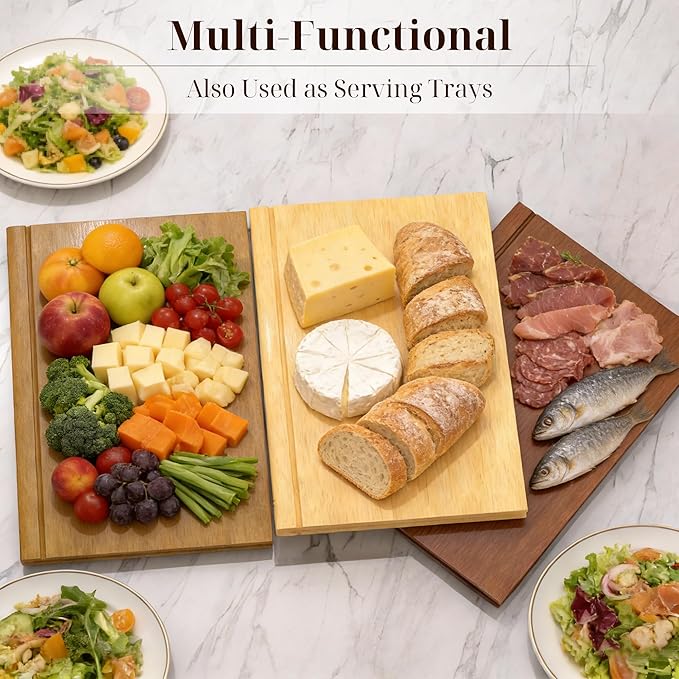 Book Cutting Board Set with Wooden Stand-Wooden Kitchen Cutting Boards That Look Like Books for Vegetables Cheese Meat, Chopping Board Gift Set for Home Cooks & Kitchen Decor