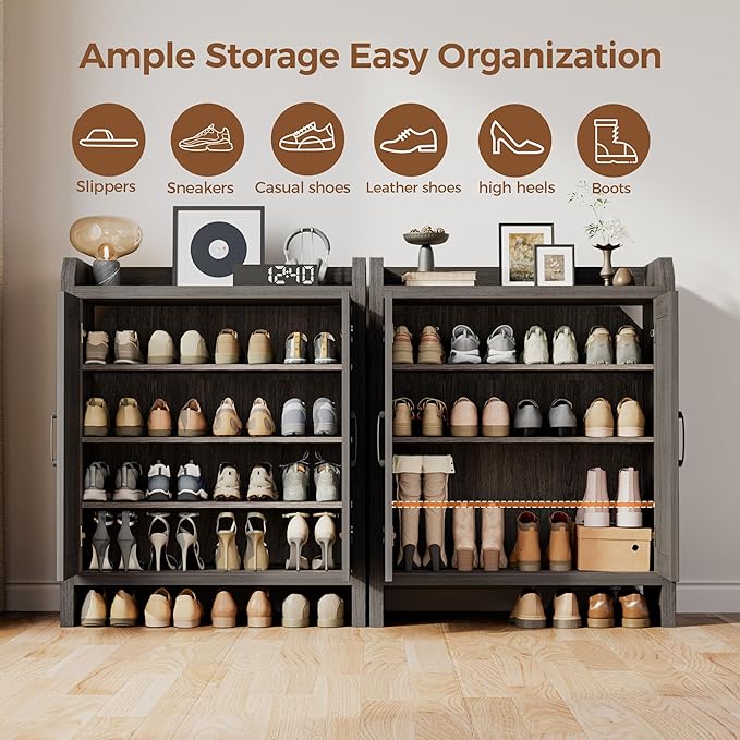 Mericonia Shoe Cabinet Storage for Entryway, Natural Rattan Shoes Cupboard, Wooden Shoe Rack with Doors and Shelves, Farmhouse Boho Wood Shoe Organizer Cabinet for Hallway Black