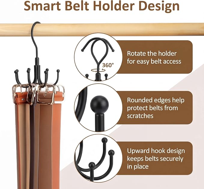 ZEDODIER Belt Organizer for Closet, Heavy-Duty Rotating Belt Hanger Tie Rack Holds up to 24 Belts, Hanging Space Saving Metal Belt Holder for Closet Storage