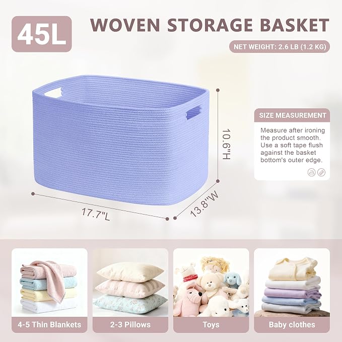 45L Small Woven Laundry Basket Hamper with Handles, Blue Purple | 18"x14"x11", collapsible wicker hamper, storage for dirty clothes, toys, blankets, gifts, living room, bedroom, bathroom