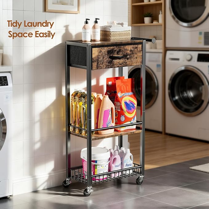 Lewondr Bathroom Organizer and Storage Cart with Drawer, 3-Tier Narrow Rolling Utility Cart with Wood Top and Wheels for Small Spaces, Laundry, Black