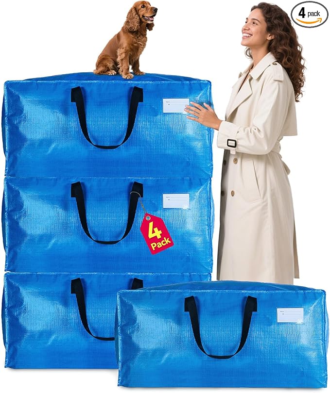 Moving Bags Heavy Duty,Extra Large Moving Bags for Travel/College Packing/Storage/Organization/Seasonal Clothes & Bedding Storage,Moving Supplies Bins,Compatible with Ikea Frakta Cart (Blue,4 Pack)