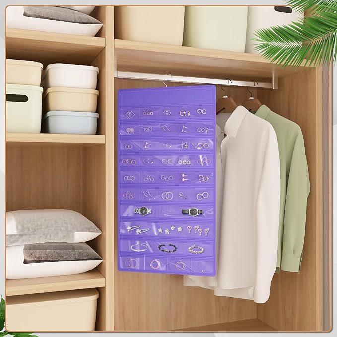 Hanging Jewelry Organizer, Double-Sided Necklaces Holder, Purple | 42 clear pockets organize rings & earrings; 36 wire necklace hooks reduce tangles; top hook hangs in closets, walls or doors.