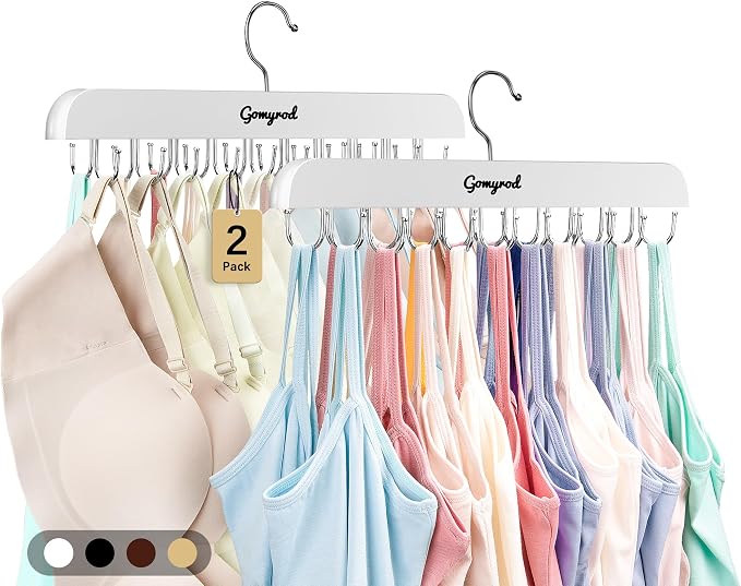 Gomyrod Tank Top Hanger, 2 Pack w/40 Hooks Bra Hanger for Closet Organizer | Premium Wood Space Saving Hanger, 360°Rotating Closet Organizers and Storage, Multi Hook Hanger for Dorm & Apartment, White