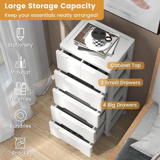 LOKO 6-Drawer Plastic Rolling Storage Cart (16"x13"x38") | Mobile Storage Cabinet | Vertical Storage Tower Container Unit | 4 Universal Wheels | For Living Room, Home Office