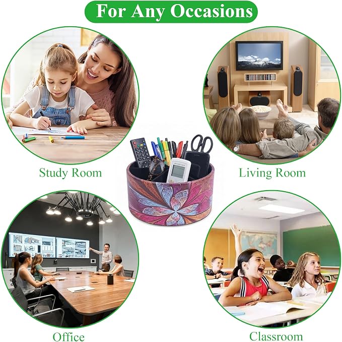 Remote Control Holder, 360°Spinning PU Leather Desk TV Remote Caddy,Desk Storage Box Room Accessories for Controller, Media,Mail,Calculator, Mobile Phone,Pencil(1B-Purple Flower)